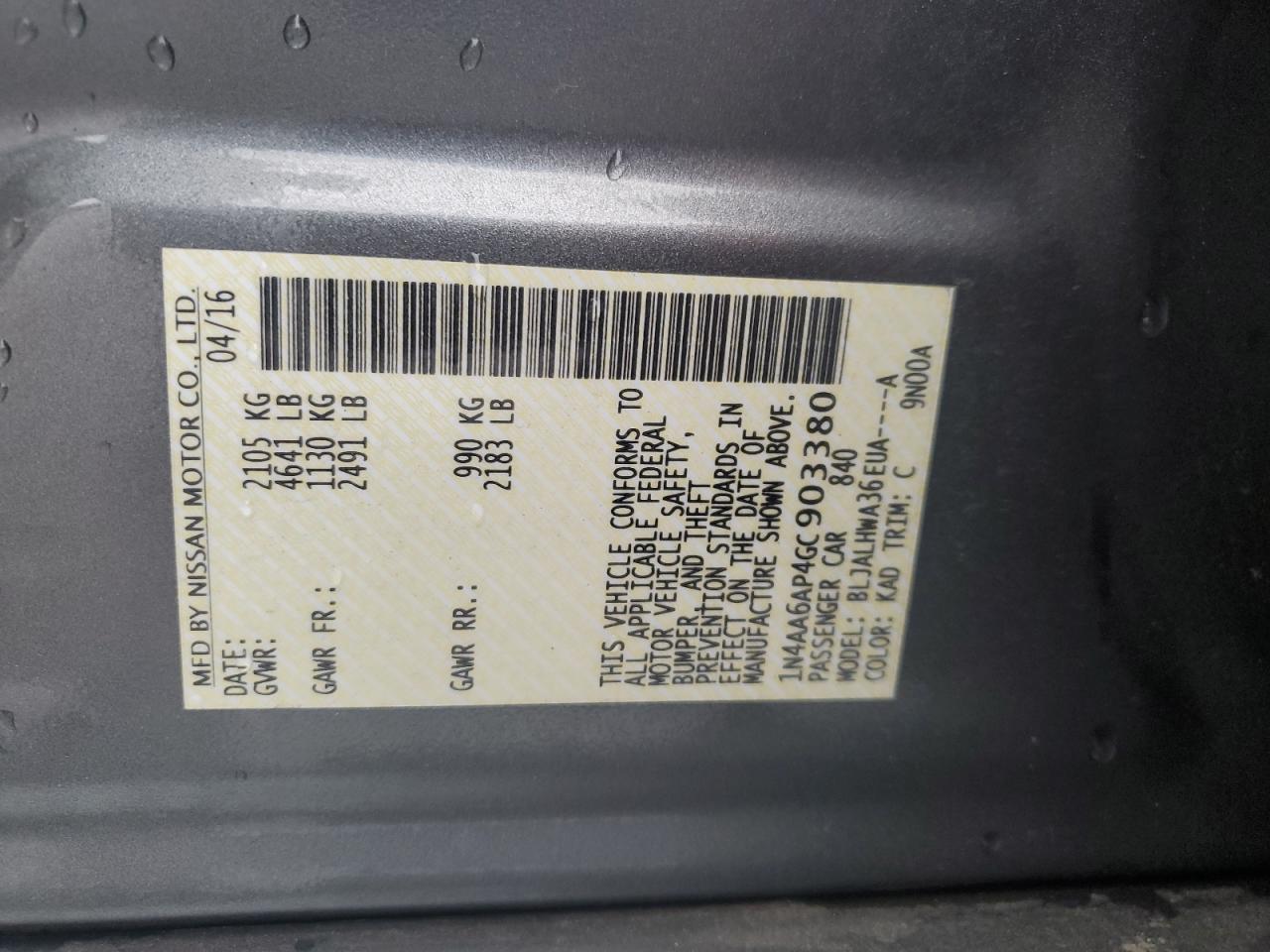 2016 Nissan Maxima 3.5S VIN: 1N4AA6AP4GC903380 Lot: 90020625