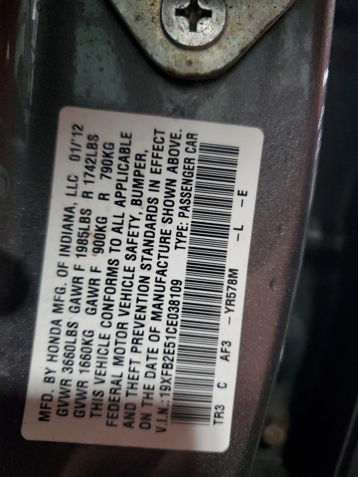 2012 Honda Civic Lx VIN: 19XFB2E51CE038109 Lot: 81632745