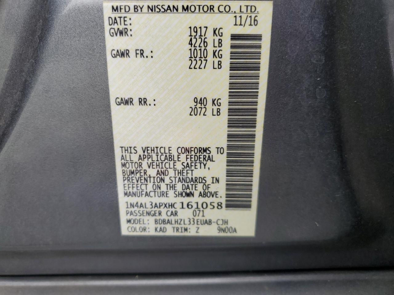 2017 Nissan Altima 2.5 VIN: 1N4AL3APXHC161058 Lot: 82278615