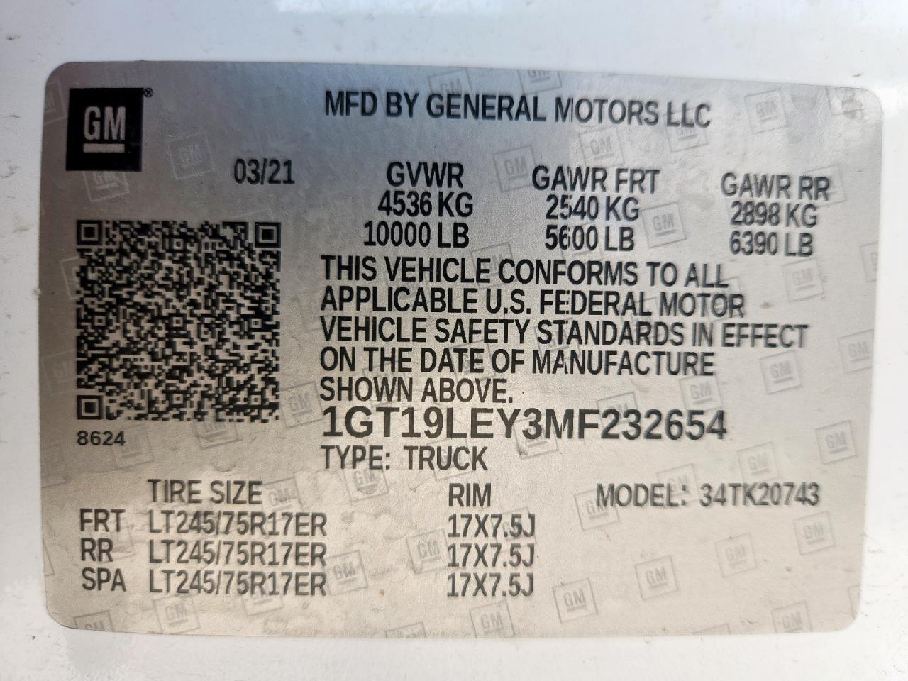 2021 GMC Sierra K2500 Heavy Duty VIN: 1GT19LEY3MF232654 Lot: 85190285
