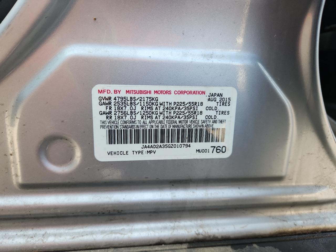 2016 Mitsubishi Outlander Es VIN: JA4AD2A35GZ010794 Lot: 89893385