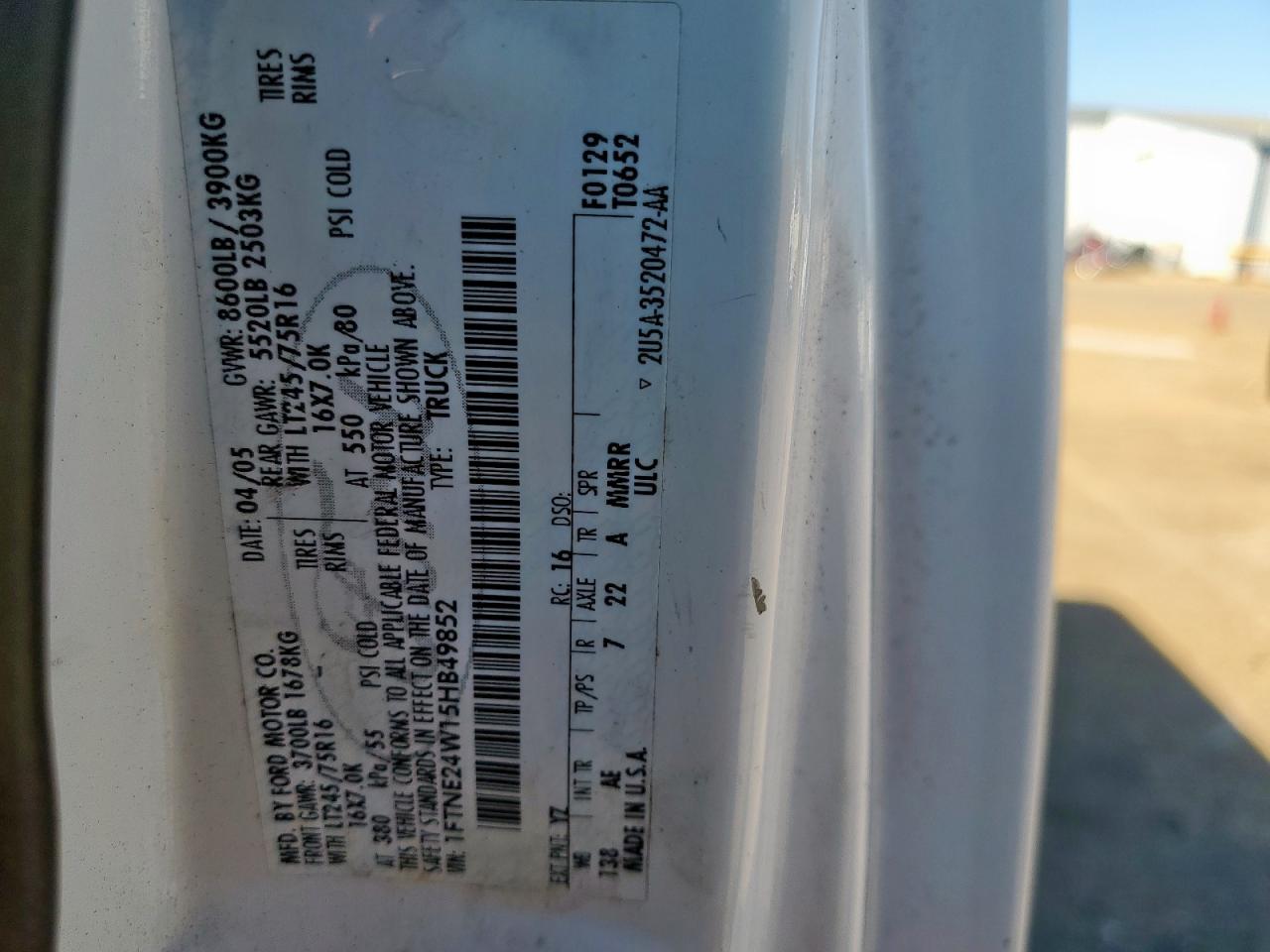 2005 Ford Econoline E250 Van VIN: 1FTNE24W15HB49852 Lot: 85884185