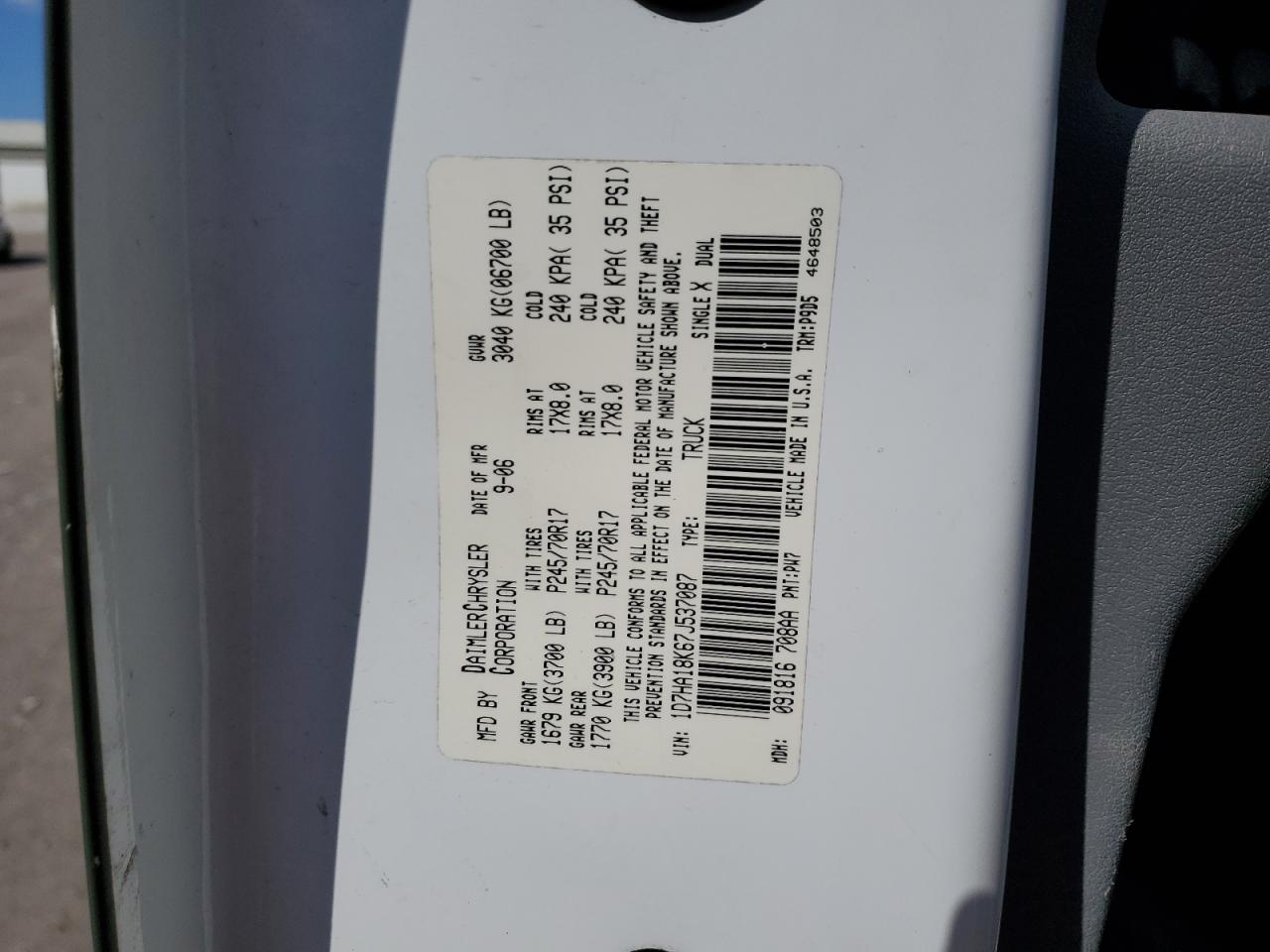 2007 Dodge Ram 1500 St VIN: 1D7HA18K67J537087 Lot: 90738785