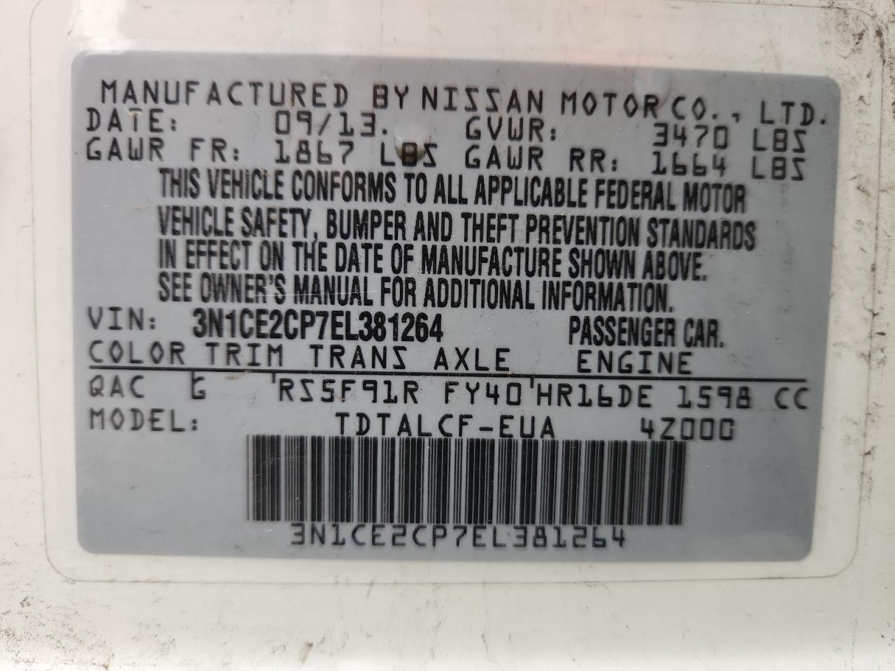 2014 Nissan Versa Note S VIN: 3N1CE2CP7EL381264 Lot: 85591565