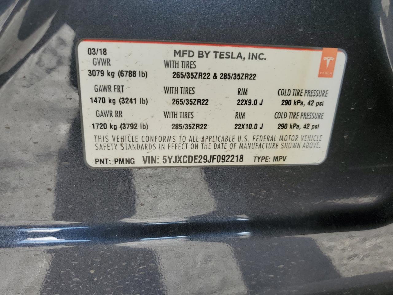 2018 Tesla Model X VIN: 5YJXCDE29JF092218 Lot: 86470835
