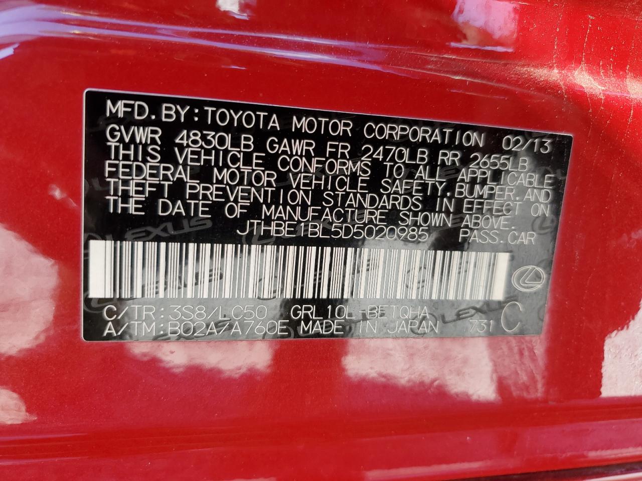 2013 Lexus Gs 350 VIN: JTHBE1BL5D5020985 Lot: 90720325