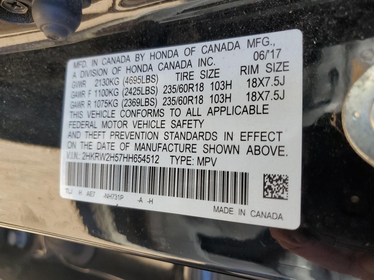 2017 Honda Cr-V Ex VIN: 2HKRW2H57HH654512 Lot: 84961995