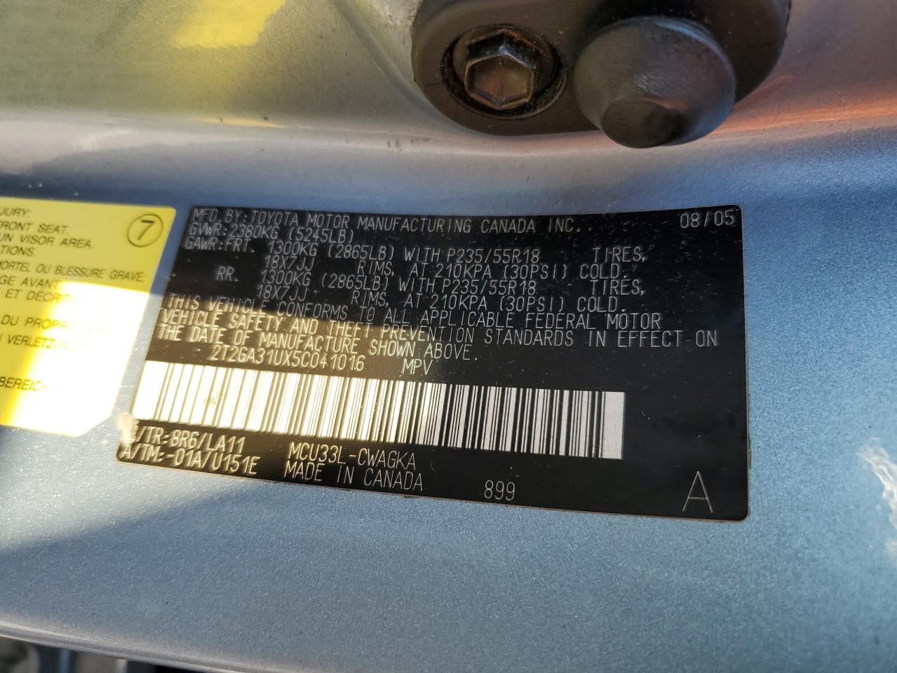 2005 Lexus Rx 330 VIN: 2T2GA31UX5C041016 Lot: 84801345