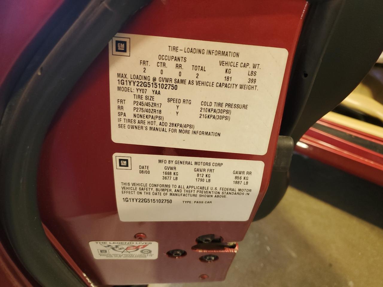 2001 Chevrolet Corvette VIN: 1G1YY22G515102750 Lot: 84862035