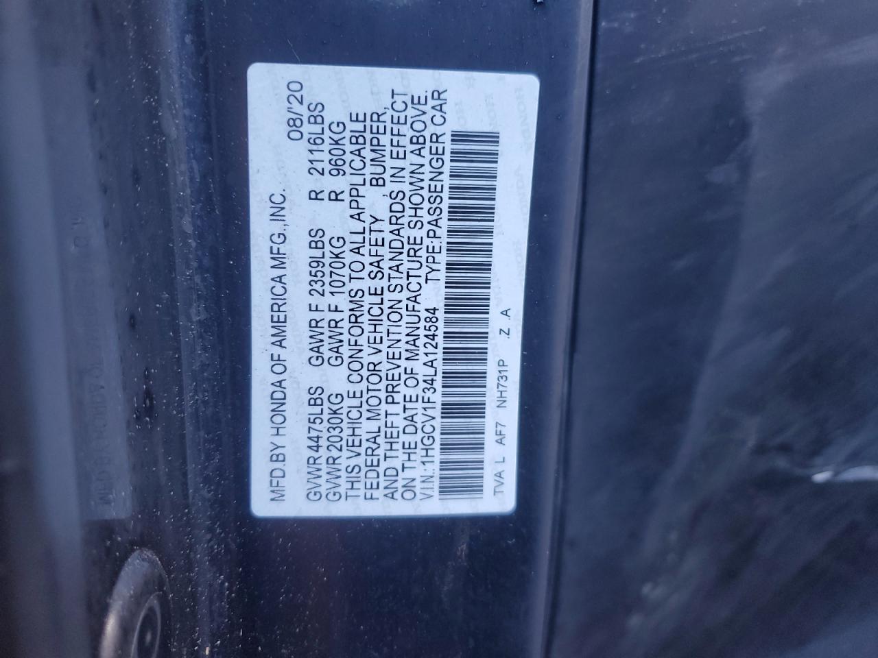 2020 Honda Accord Sport VIN: 1HGCV1F34LA124584 Lot: 85753045