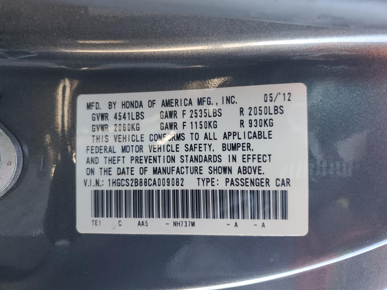 2012 Honda Accord Exl VIN: 1HGCS2B88CA009082 Lot: 87297425