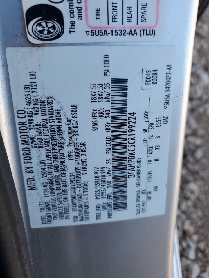 2012 Ford Fusion Sport VIN: 3FAHP0KC5CR199224 Lot: 85360785