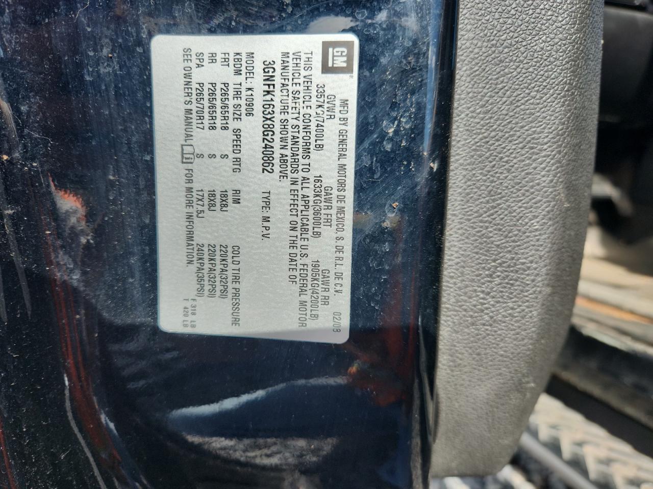 2008 Chevrolet Suburban K1500 Ls VIN: 3GNFK163X8G240862 Lot: 86272575