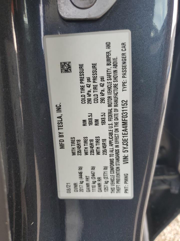 2021 Tesla Model 3 VIN: 5YJ3E1EA4MF031152 Lot: 86058905
