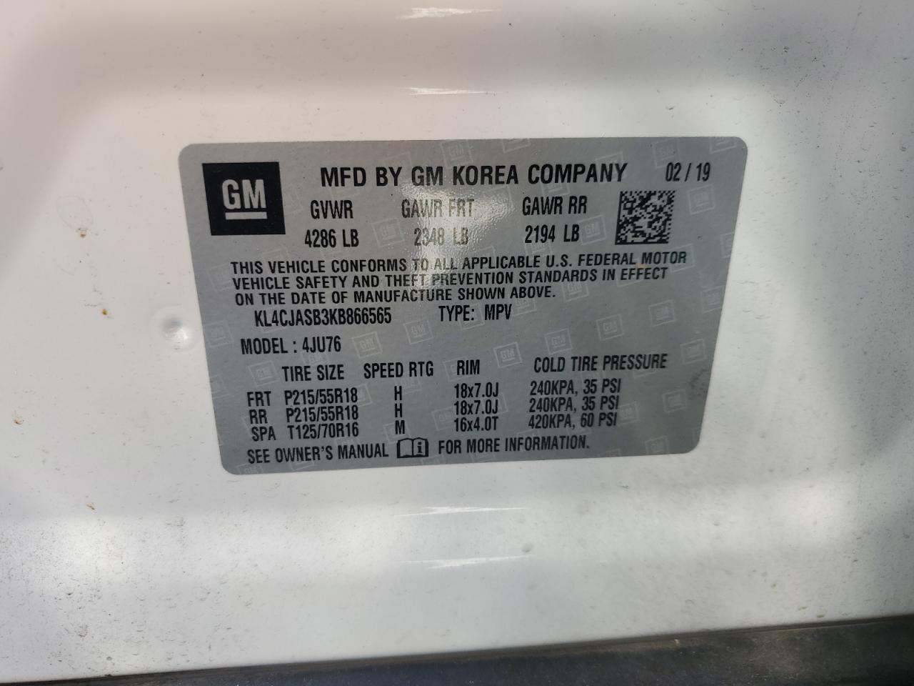 2019 Buick Encore Preferred VIN: KL4CJASB3KB866565 Lot: 89478095