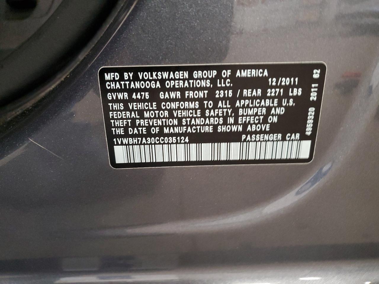 2012 Volkswagen Passat Se VIN: 1VWBH7A30CC035124 Lot: 82349725