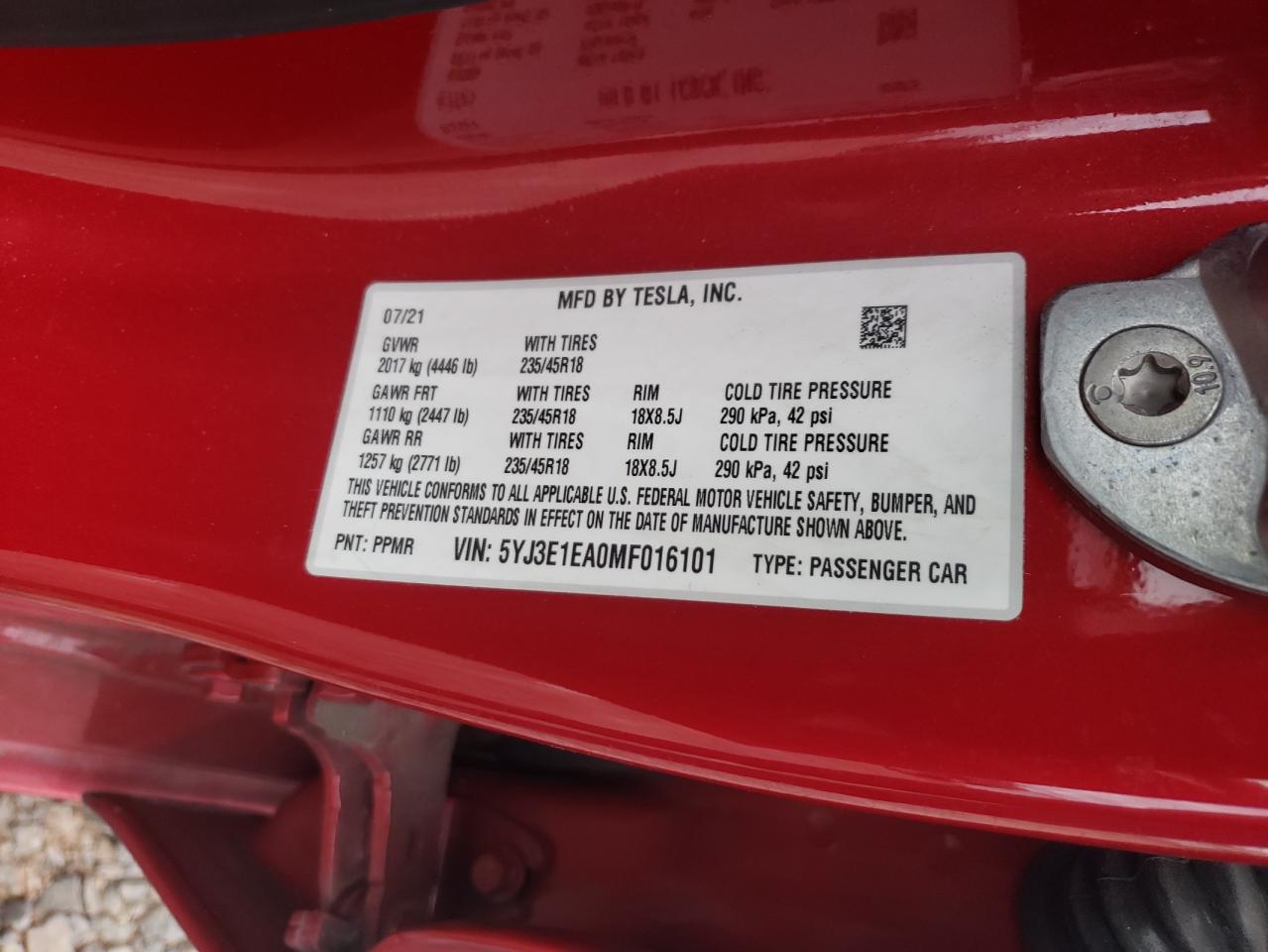 2021 Tesla Model 3 VIN: 5YJ3E1EA0MF016101 Lot: 82786275