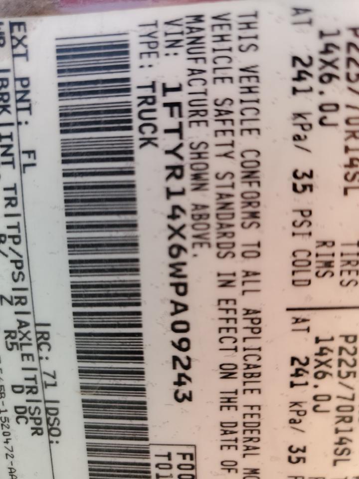 1998 Ford Ranger Super Cab VIN: 1FTYR14X6WPA09243 Lot: 85539915