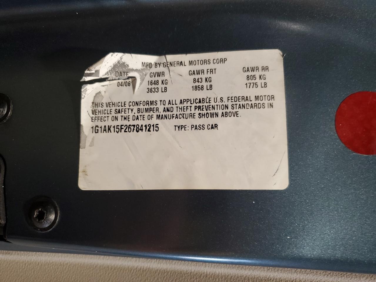 2006 Chevrolet Cobalt Ls VIN: 1G1AK15F267841215 Lot: 82292405