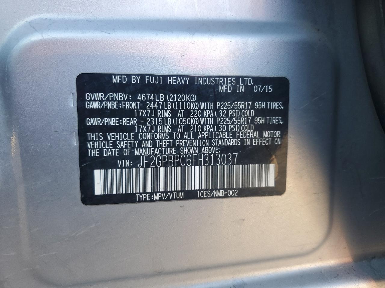 2015 Subaru Xv Crosstrek 2.0I Hybrid Touring VIN: JF2GPBPC6FH313037 Lot: 85395165