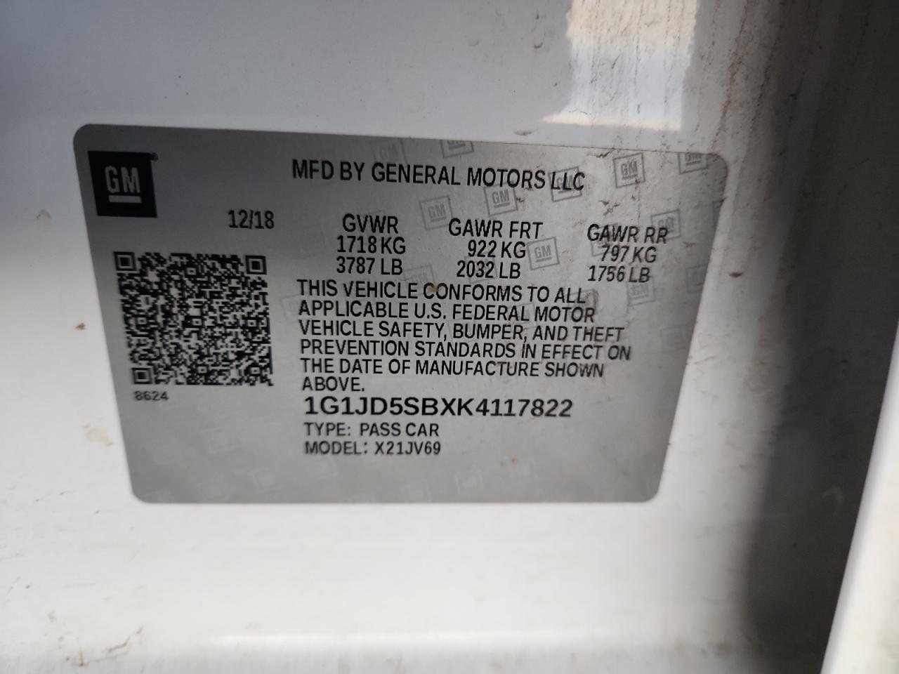 2019 Chevrolet Sonic Lt VIN: 1G1JD5SBXK4117822 Lot: 90498575