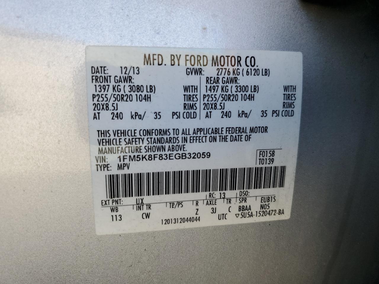 2014 Ford Explorer Limited VIN: 1FM5K8F83EGB32059 Lot: 84701895