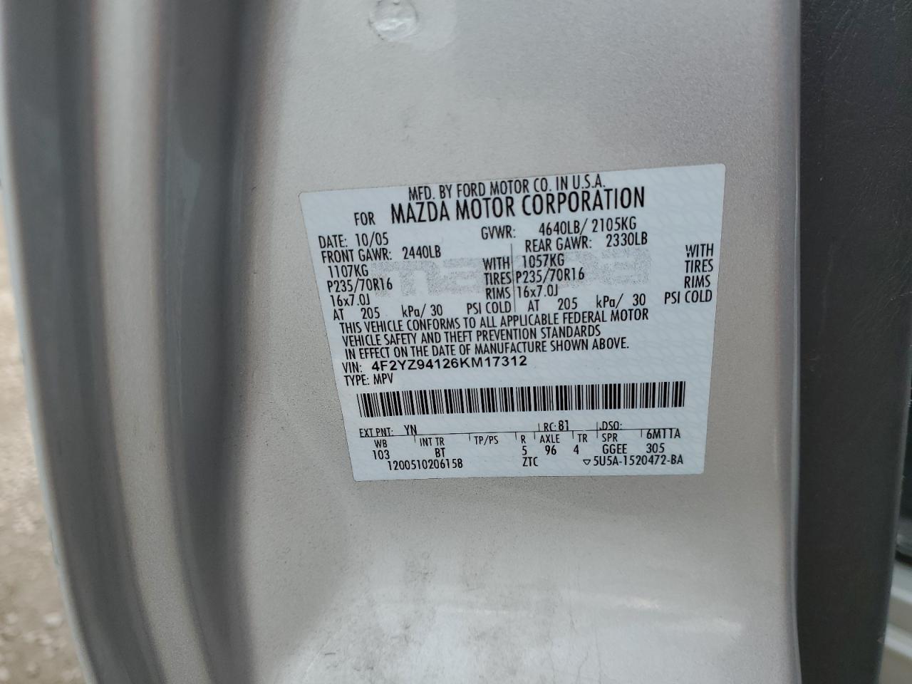 2006 Mazda Tribute S VIN: 4F2YZ94126KM17312 Lot: 86520815