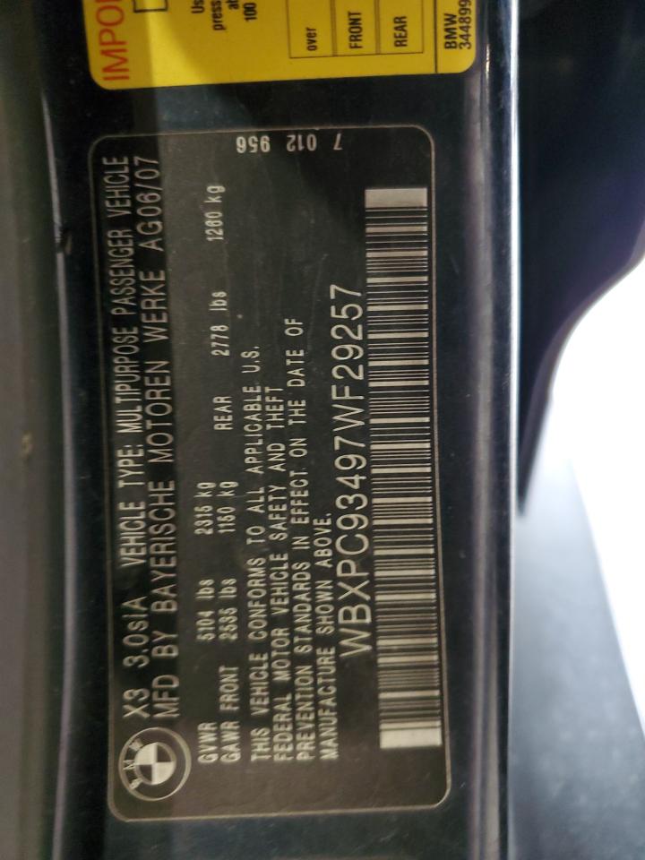 2007 BMW X3 3.0Si VIN: WBXPC93497WF29257 Lot: 86260095