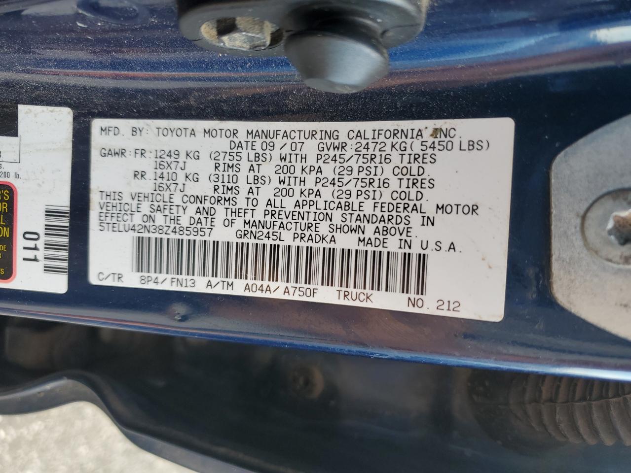 2008 Toyota Tacoma Double Cab VIN: 5TELU42N38Z485957 Lot: 81910165