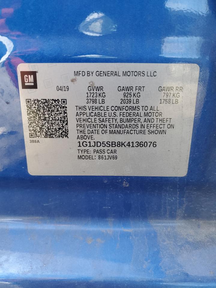 2019 Chevrolet Sonic Lt VIN: 1G1JD5SB8K4136076 Lot: 90117515