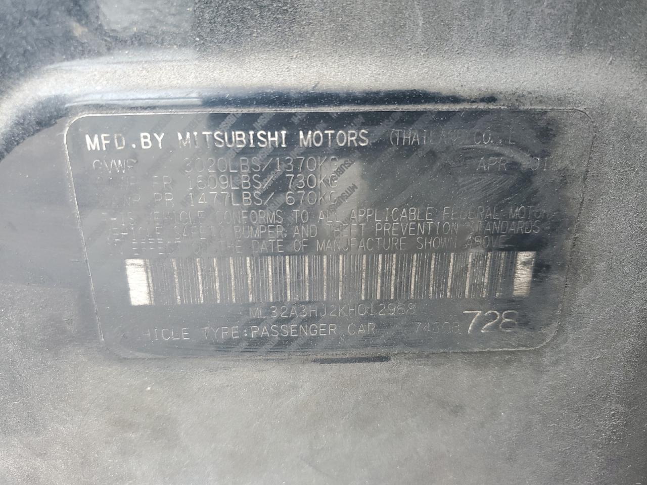 2019 Mitsubishi Mirage Es VIN: ML32A3HJ2KH012968 Lot: 82376575