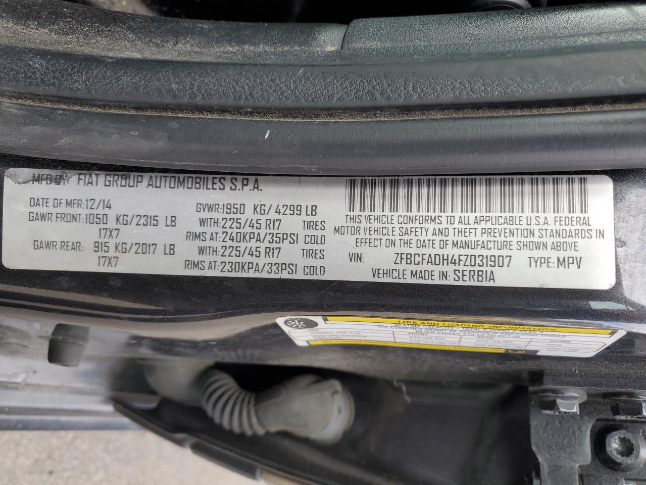 2015 Fiat 500L Trekking VIN: ZFBCFADH4FZ031907 Lot: 85736755