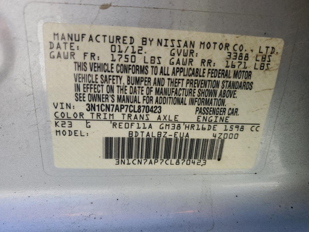 2012 Nissan Versa S VIN: 3N1CN7AP7CL870423 Lot: 84872125