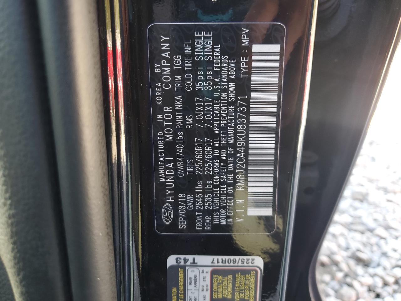 2019 Hyundai Tucson Se VIN: KM8J2CA49KU837371 Lot: 82299615