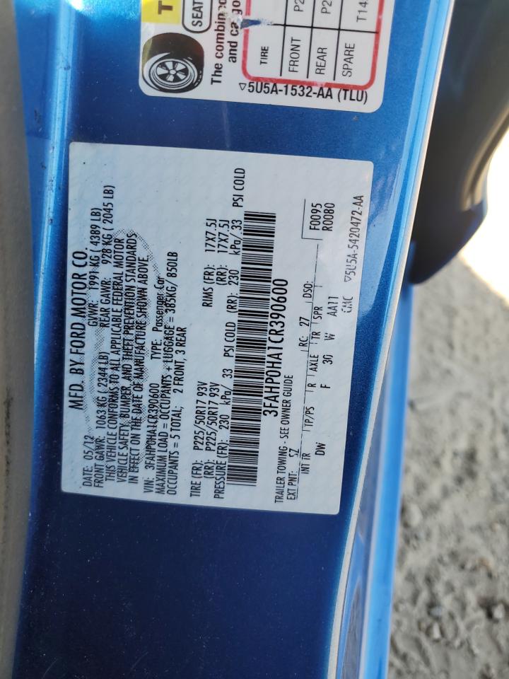 2012 Ford Fusion Se VIN: 3FAHP0HA1CR390600 Lot: 85597855