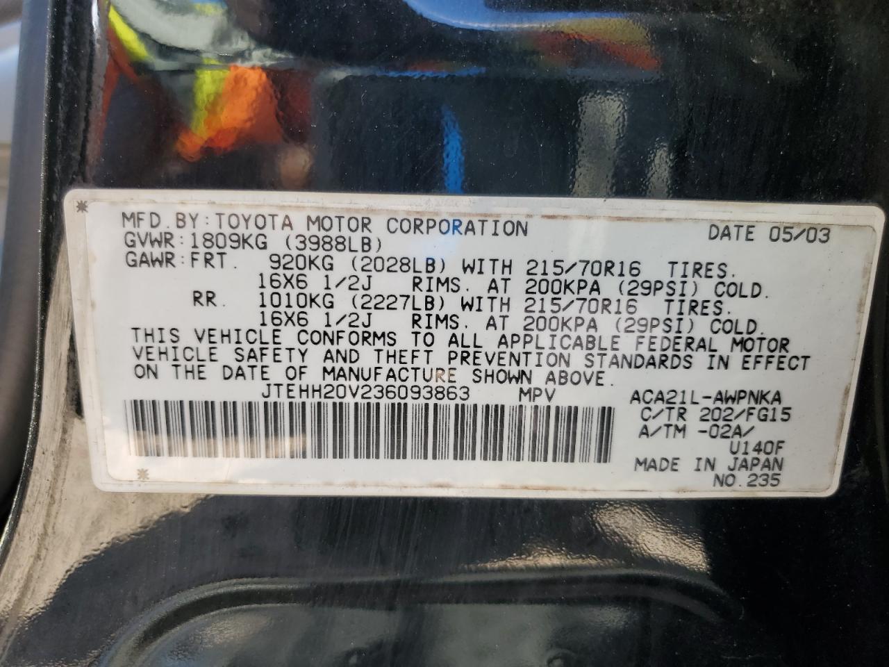 2003 Toyota Rav4 VIN: JTEHH20V236093863 Lot: 86085915