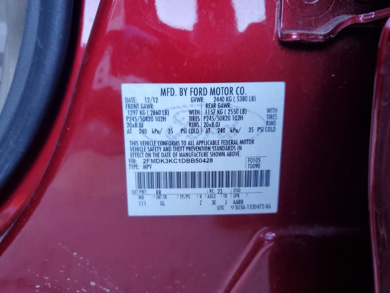 2013 Ford Edge Limited VIN: 2FMDK3KC1DBB50428 Lot: 82448635