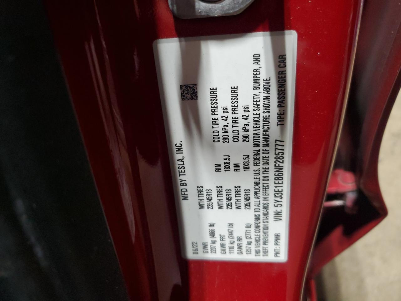 2022 Tesla Model 3 VIN: 5YJ3E1EB6NF285777 Lot: 85824235