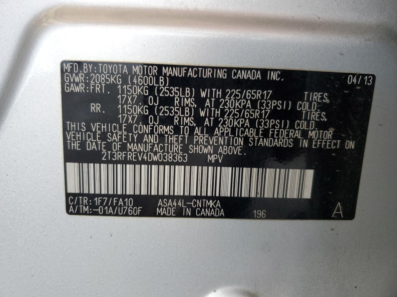 2013 Toyota Rav4 Xle VIN: 2T3RFREV4DW038363 Lot: 90407395