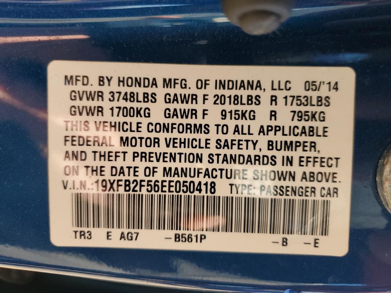 2014 Honda Civic Lx VIN: 19XFB2F56EE050418 Lot: 85189305