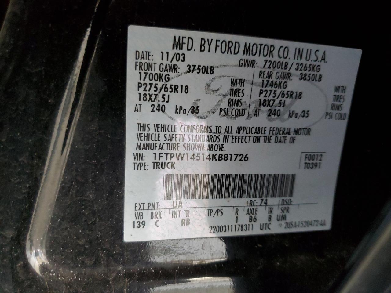 2004 Ford F150 Supercrew VIN: 1FTPW14514KB81726 Lot: 85932405