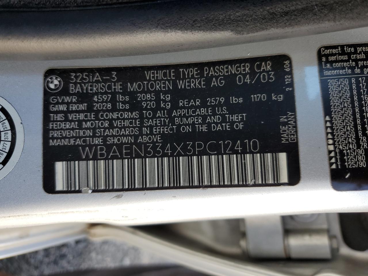 2003 BMW 325 It VIN: WBAEN334X3PC12410 Lot: 85546725