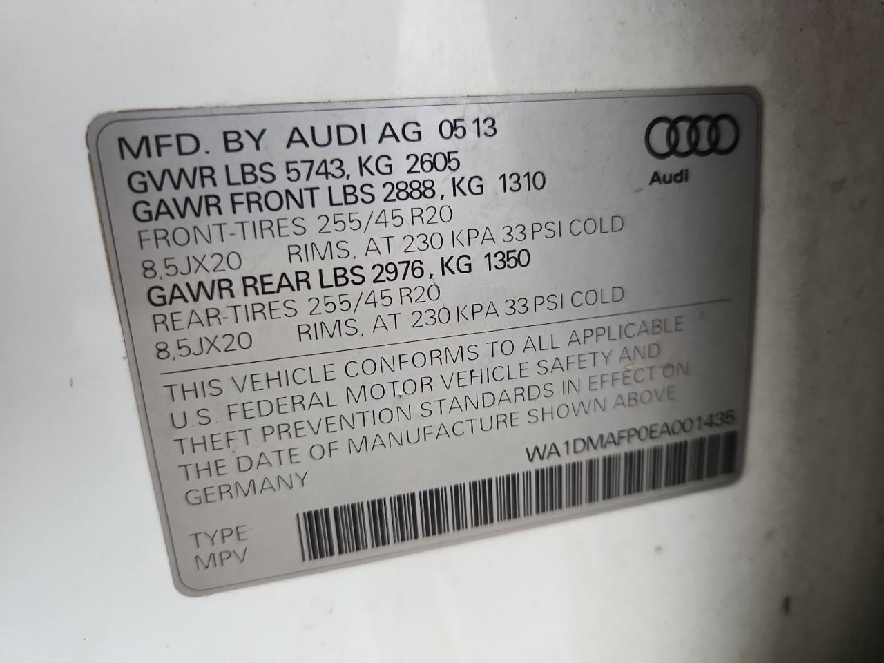 2014 Audi Q5 Tdi Premium Plus VIN: WA1DMAFP0EA001435 Lot: 85930545