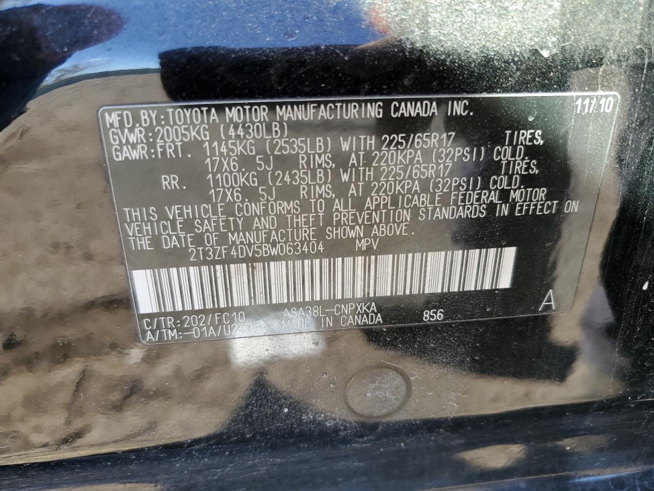 2011 Toyota Rav4 VIN: 2T3ZF4DV5BW063404 Lot: 84861335