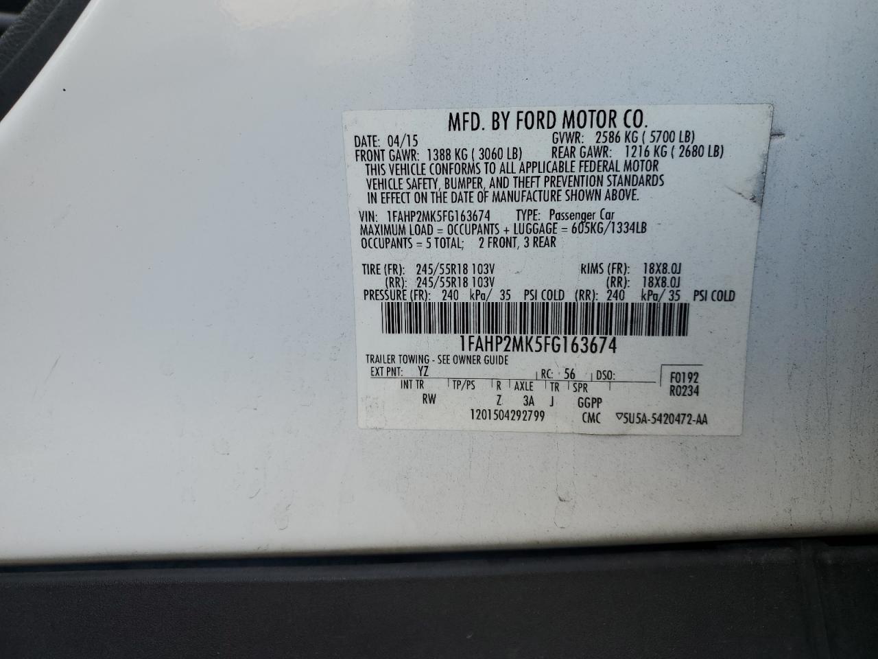 2015 Ford Taurus Police Interceptor VIN: 1FAHP2MK5FG163674 Lot: 87123525