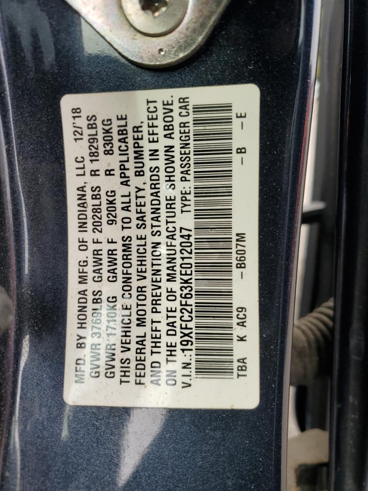 2019 Honda Civic Lx VIN: 19XFC2F63KE012047 Lot: 82323675