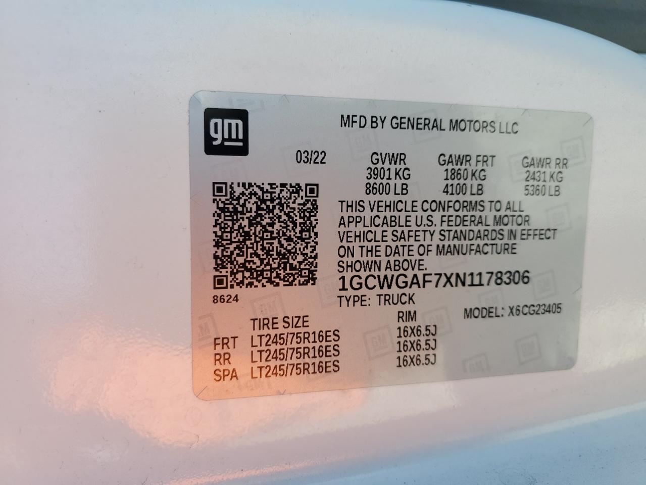 2022 Chevrolet Express G2500 VIN: 1GCWGAF7XN1178306 Lot: 86303365