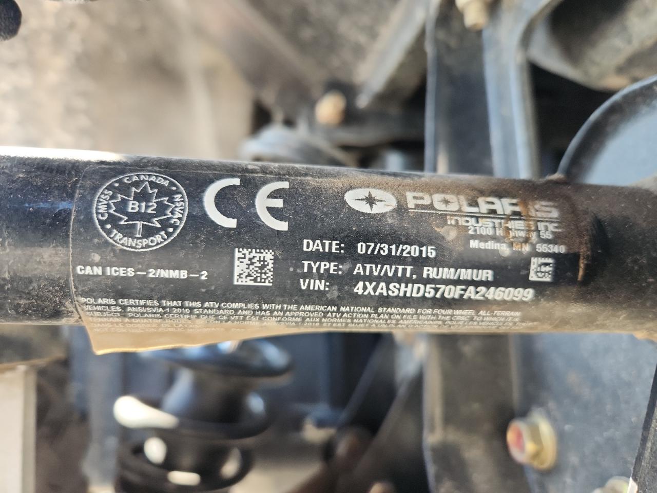 2015 Polaris Sportsman 570 Sp VIN: 4XASHD570FA246099 Lot: 90244325