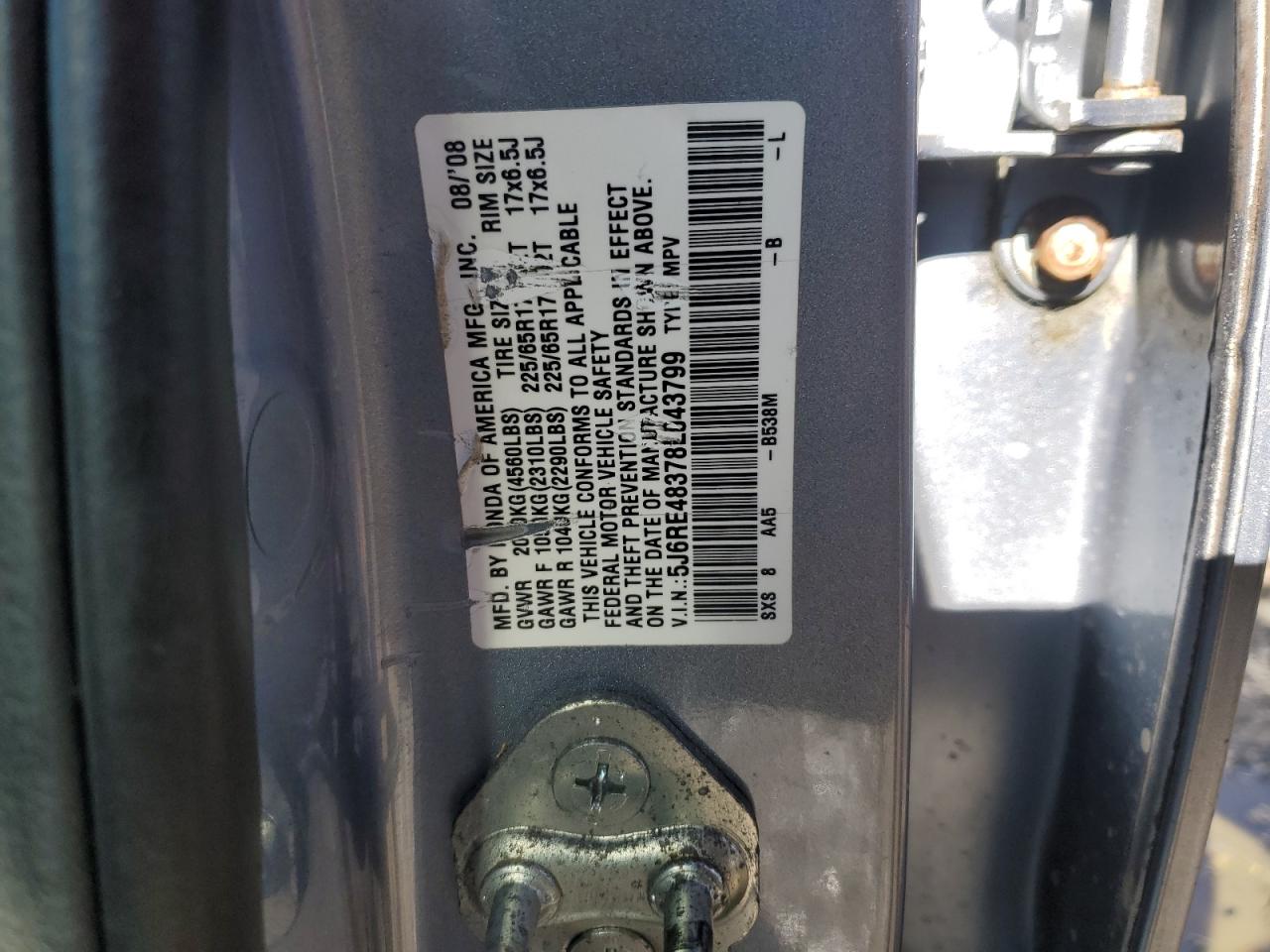 2008 Honda Cr-V Lx VIN: 5J6RE48378L043799 Lot: 86660525