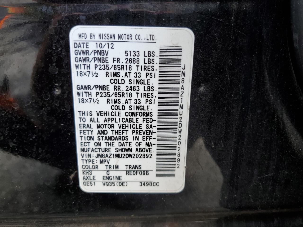 2013 Nissan Murano S VIN: JN8AZ1MU2DW202892 Lot: 84873635